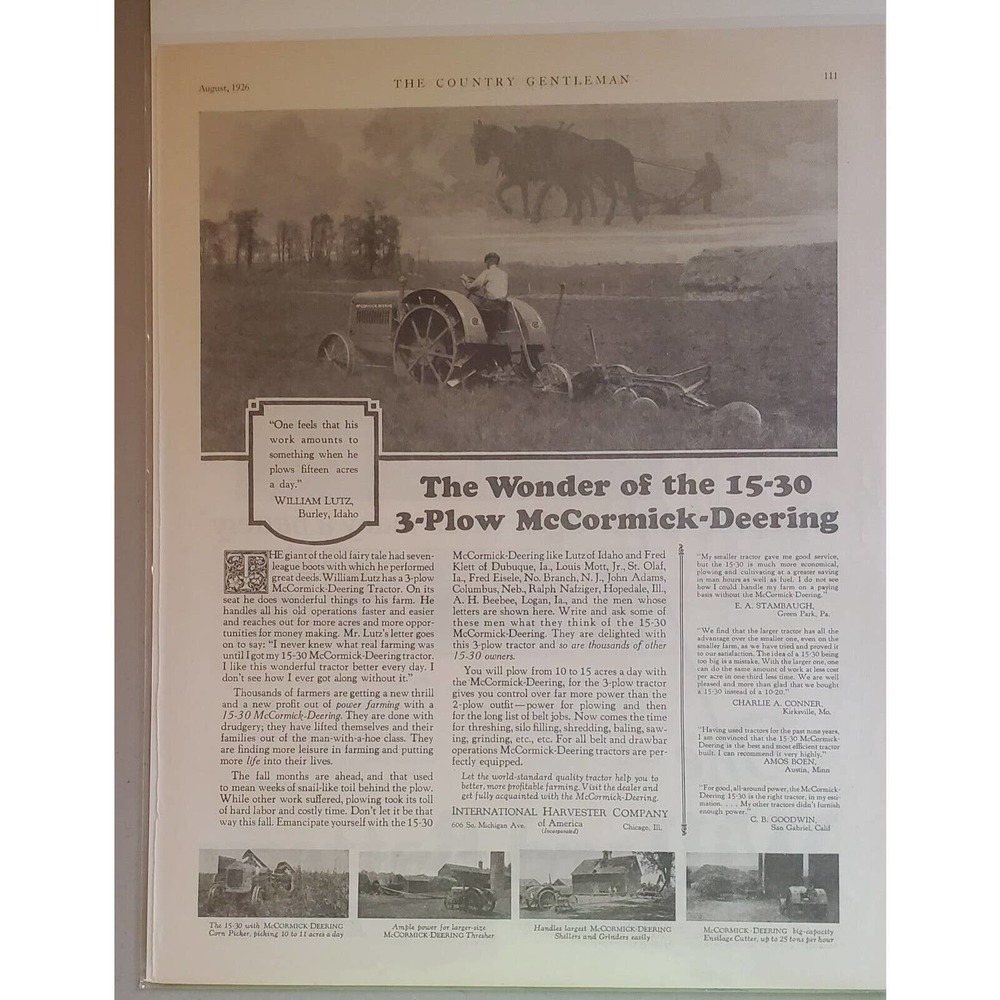 1926 McCormick Deering Tractor Magazine Advertisement 15 30